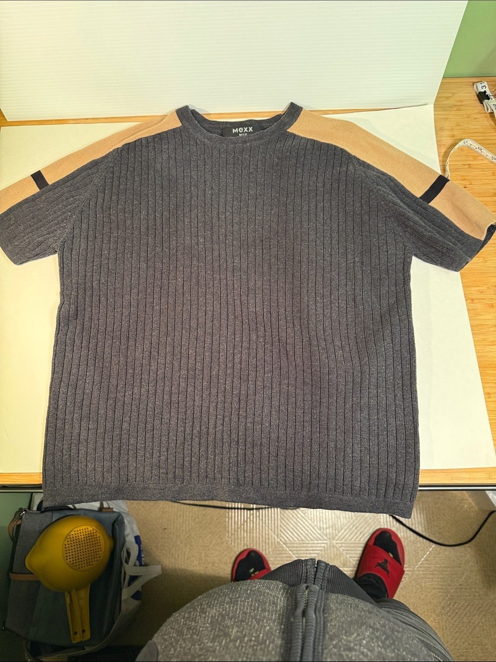 Mexx Men’s Charcoal Crewneck Sweater with Tan Shoulder Panels